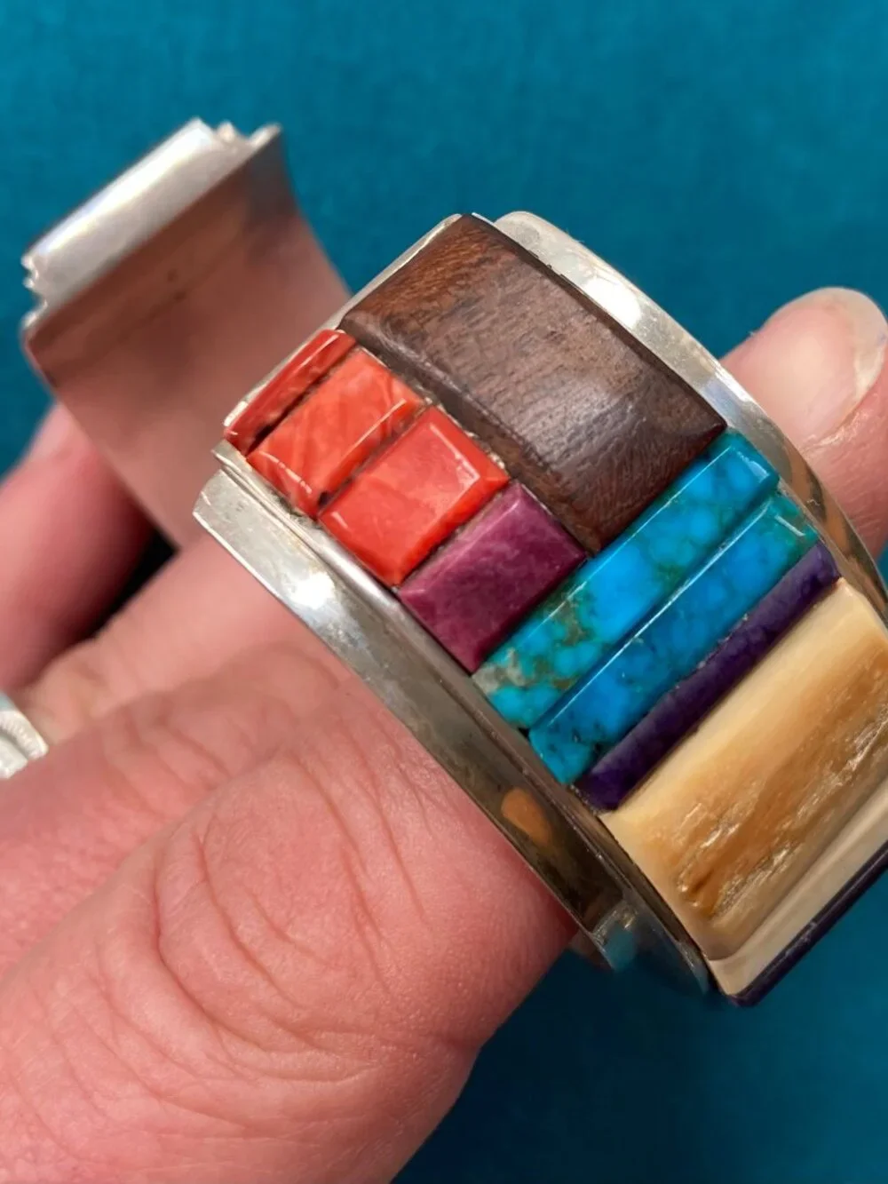 AMAZING Vintage Navajo Cobblestone Turquoise Orange Spiny Sterling Cuff bracelet